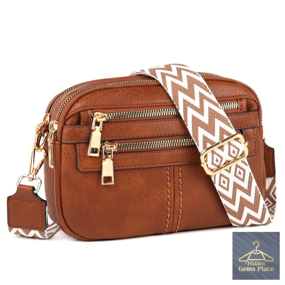 Vegan Leather Crossbody Bag with 6 Pockets, Adjustable Strap for Travel